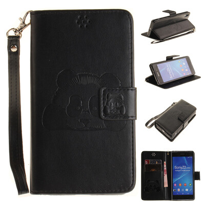 

Black Panda Style Embossing Classic Flip Cover with Stand Function and Credit Card Slot for SONY Xperia Z2