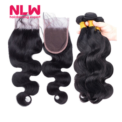 

N.L.W. 10A Brazilian virgin human hair 3 bundles with closure Body wave hair weaves with closure