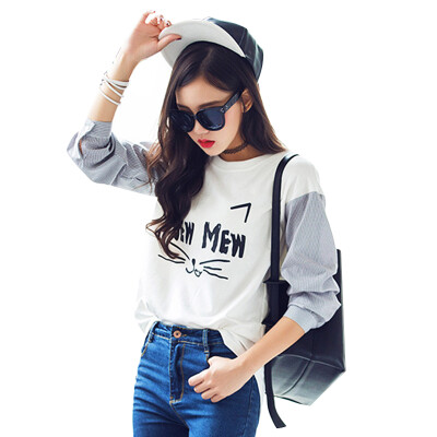 

Long Yue Women Korean College Style Cat Cuff Long Sleeve T-Shirt Student Stitching Shirt LWTC172311 White