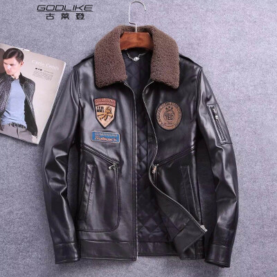 

Men's leather jacket long sleeve autumn witer clothing genuine sheepskin motocycle coat with badge padding real leather the newest