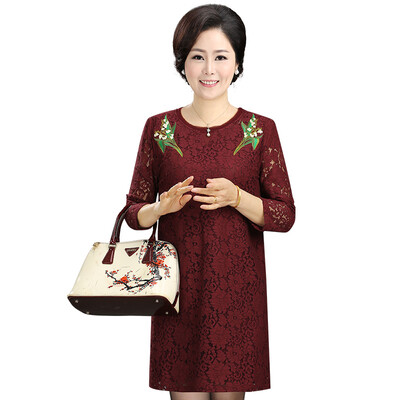 

Fermatma 2017 autumn dress in the elderly women&39s embroidery lace dress my mother loaded autumn T711T40022 wine red