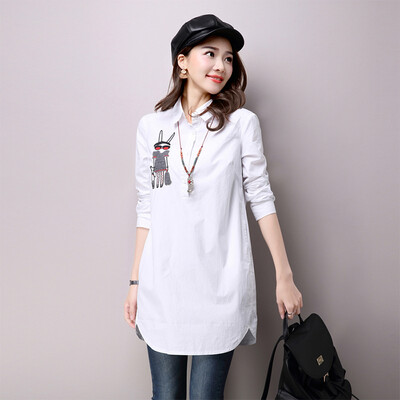 

KuoyiHouse 7009 long paragraph shirt loose large size retro cartoon embroidery long-sleeved shirt female white XL