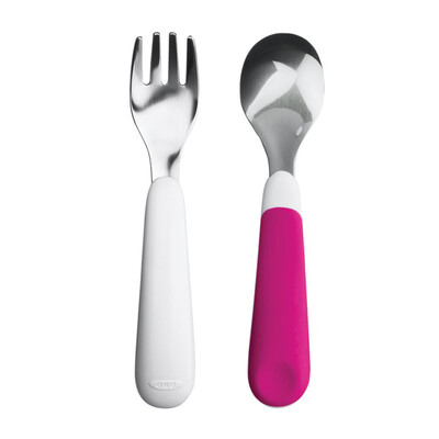 

Austrian show OXO childrens stainless steel fork spoon set baby practice tableware non-slip handle pink without BPA