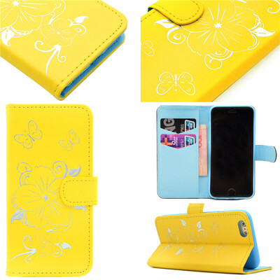 

Yellow Hot Stamping Foil Gold Design PU Leather Flip Cover Wallet Card Holder Case for iPhone 6 Plus