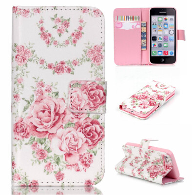 

Pink Rose Design PU Leather Flip Cover Wallet Card Holder Case for IPHONE 5C