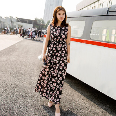 

KuoyiHouse 7323 17 years new Korean version of the long section of the round neck sleeveless suit dress female tight waist cotton long skirt cents 1 feather flower