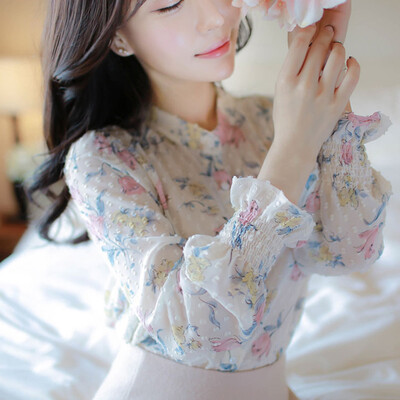 

sustory Women&39s Wear 2017 Spring Korean Print Chiffon Blouse Floral Tood Little Fragrance Loose Long Sleeve Collar Shirt SU029 Color S