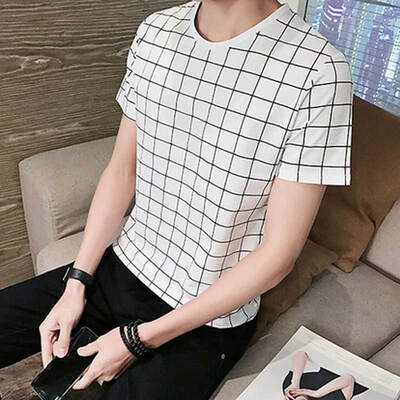

Le Xiyuan с короткими рукавами футболка мужская решетка шею с коротким рукавом футболка мужской тонкая корейская версия сострадательного T327 белый L