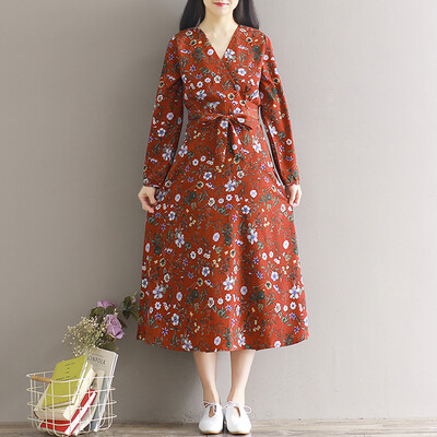 

CITYPLUS Arts & Crafts Long Sleeve Loose Skirt Chiffon Floral Dress CWQZ172454 Color