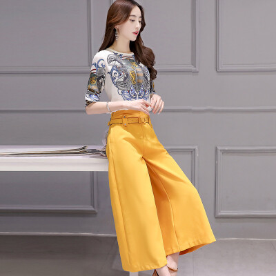 

A pond morning 2017 autumn Korean Slim round neck five sleeves fashion wide leg pants suit female S71R0510A677XL on the white under the yellow