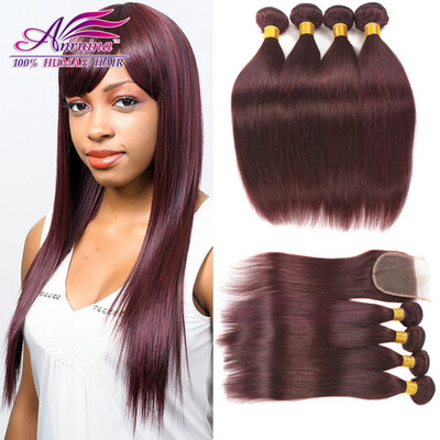 

8A Mink Brazilian Straight Hair With Closure Wine Red Bundles With Closure 99J Straight Weave With Closure 4 Pcs Lot