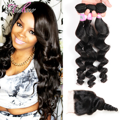 

7A Brazilian Virgin Hair With Closure 3pcs Aushow Hair Products Brazilian Loose Wave With Closure Hair Bundles With Lace Closures