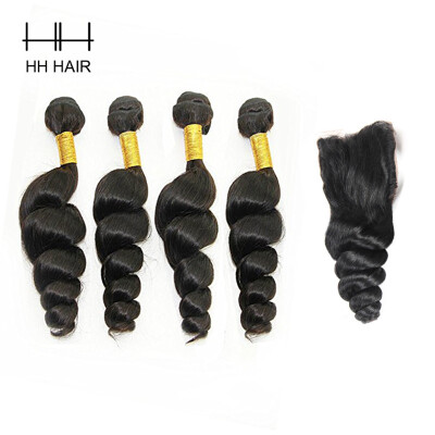 

HHHair Cambodian Loose Wave 4 Bundles With Closure Hair Bundles With 1pc 4x4 inch Lace Closure Cambodian Virgin Hair With Closure