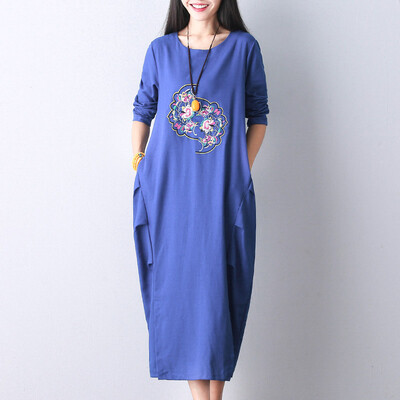 

MAXWAY Women&39s 2017 Retro Chinese Style National Wind Embroidered Dress Long Sleeve Long Sleeve Long Sleeve One-piece Dress MW094 Blue M