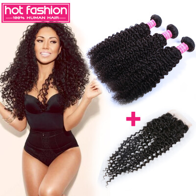 

8A Grade Peruvian Virgin Hair Kinky Curly With Closure Kinky Curly Human Hair 3Bundle With Closure Peruvian Hair With Closure