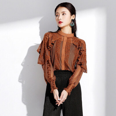 

MAZOE Lace Mesh Shaped Round Collar Long Sleeve