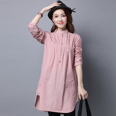 

JIANZHI JIANZHI 2017 Autumn Artistic Retro Loose Large Code Sen Striped Cotton Long Sleeve Round Collar Dress B8820 Red Stripe L