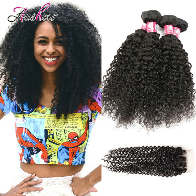 

7A Peruvian Kinky Curly With Closure Peruvian Hair With Closure Hair Bundles With Lace Closure 4 Bundles Human Hair With Closure