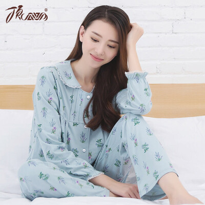 

Top melon pajamas women cotton lapel long sleeves home service t80135 light blue print 165