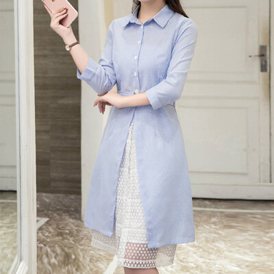 

Long Yue Women Stripe Shirt Skirt Lace Temperament Dress LWQZ173101 Light Blue L