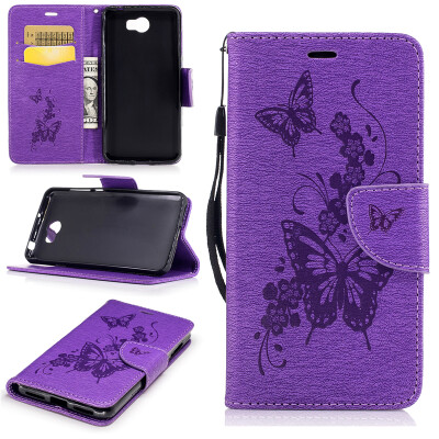 

Purple Butterfly Style Embossing Classic Flip Cover with Stand Function and Credit Card Slot for Huawei Y5 II