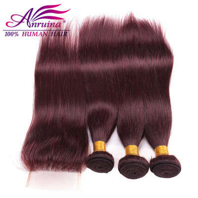 

Best Mongolian Straight Virgin Hair With Closure Human Hair With Closure 99J Red Wine Hair Weave 3 Bundles With Closure