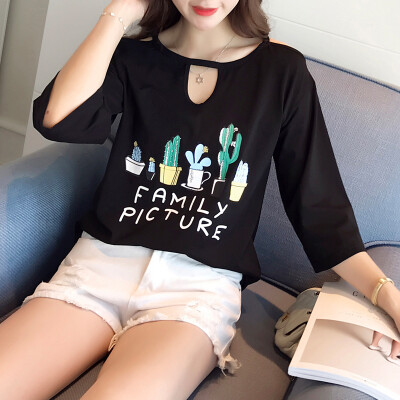 

VIVAHEART Korean casual loose hollow print T-shirt T-shirt female Korean version of the round neck shirt VWTD173132 black