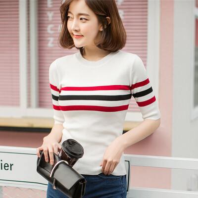 

VIVAHEART Korean casual striped T-shirt round neck Sleeve sweater T-shirt VWYC172450 White S