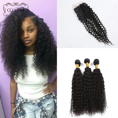 

8A Peruvian Hair Bundles With Closure 100G/Piece Ccollege Hair Peruvian Kinkly Curly With Closure Brazillian Kinkly Curly Hair