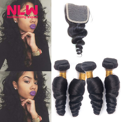 

Best Quality 8a Grade loose wave Malaysian lace frontal closure with 3 bundles human hair weave 100 human hair Weft 4pcsLot