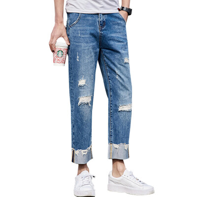 

MSEK) youth fashion nine points bell pants loose large size jeans male LNK70014 light blue 29