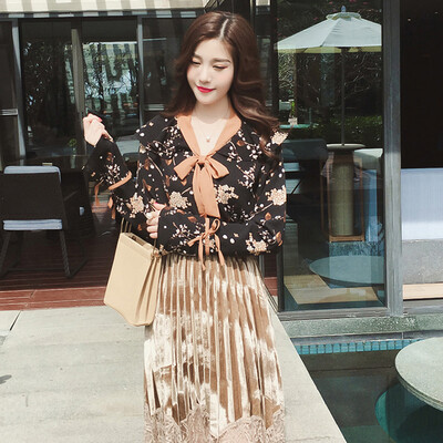 

sustory ladies 2017 spring small fresh casual floral horn sleeves chiffon shirt female Slim bow tie students student shirt tide SU056 orange collar