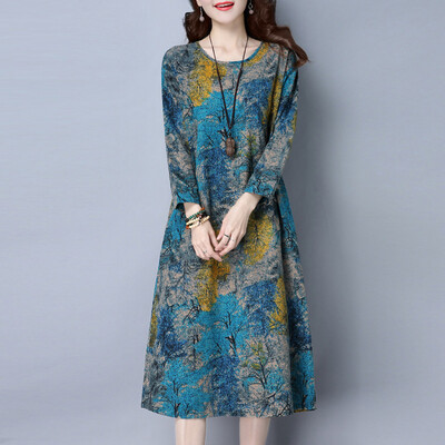 

VINOOC VORNEOCO Корейская версия крупногабаритного свободного сыпучего печатного платья R1435 цветки синего дерева L