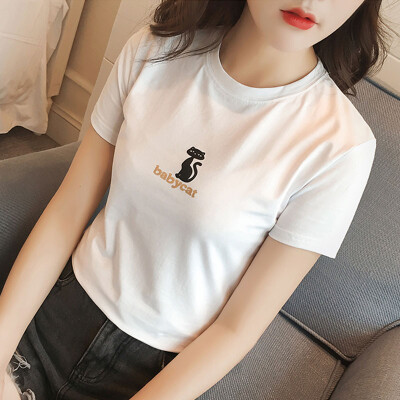 

Long Yue Women&39s simple short-sleeved T-shirt kitten printed fashion wild Slim LWTD173113 white