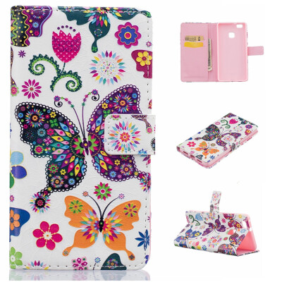 

Colorful Butterfly Design PU Leather Flip Cover Wallet Card Holder Case for HUAWEI P9 Lite