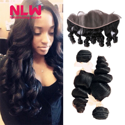 

N..W. 10A Brazilian virgin human hair 4 bundles with frontal Loose wave hair weaves with frontal