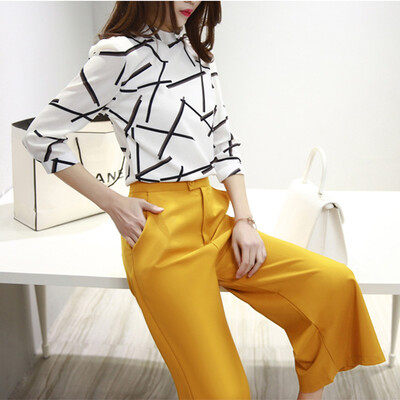 

Xian Ya Korean fashion Slim temperament was thin round collar printing bottoming shirt wild elegant wide leg pants suit zx16050513 yellow S