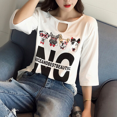 

VIVAHEART Korean version of the five-point sleeve hollow T-shirt loose print pattern underwear coat tide tide VWTD173131 white