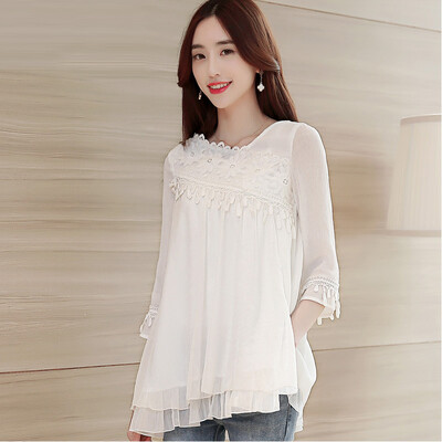 

A pond morning 2017 autumn chiffon shirt long sleeves wide loose lace S61A0023A7S white S