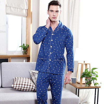 

Red beans home men&39s pajamas spring&evening cotton long-sleeved dots home clothes suit 107 blue 170 92A