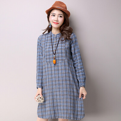 

Simple and elegant JIANZHI 2017 spring and autumn cotton and linen large size women's dress dress Slim simple long-sleeved solid color lattice dress female B8613 blue XL