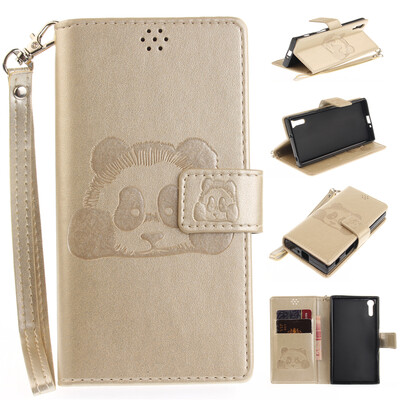 

Gold Panda Style Embossing Classic Flip Cover with Stand Function and Credit Card Slot for Sony Xperia XZ