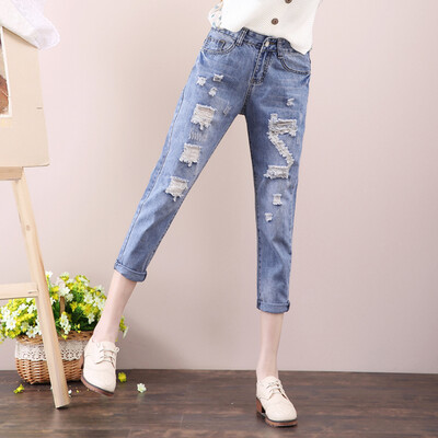 

City plus CITYPLUS literary Fan loose loose broken hole Harlan beggars pants casual jeans CWKN173256 light blue L