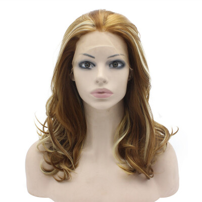 

16inch Shoulder Length Wavy Highlight Blonde Lace Front Synthetic Wig Natural