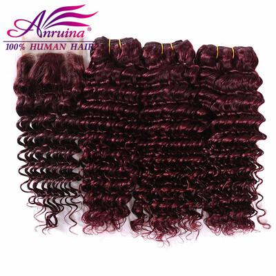 

99J Brazilian Hair With Closure 4x4 Red Wine Brazilian Deep Wave Lace Closure With Bundles Human Hair Weft With Closure