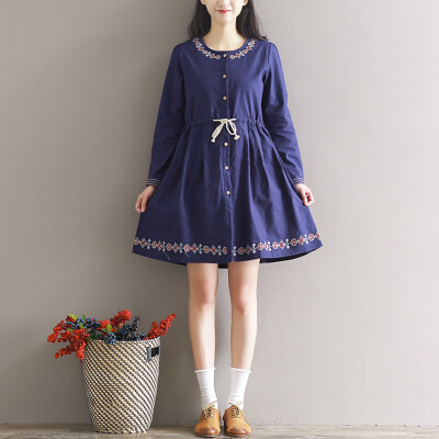 

CITYPLUS art linen embroidery lace loose long sleeves dress CWQZ172455 blue L