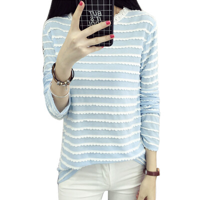 

Longyue Women Korean Stripe Lace Wave Long Sleeve T-Shirt Fashion Splice Long Sleeve Small Fresh Shirt LWTC172307 Blue