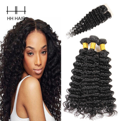 

HHHair Peruvian Virgin Hair With Closure Peruvian Deep Wave With Closure 3 Bundles Human Hair Weave Peruvian Deep Wave With 1pc 4x