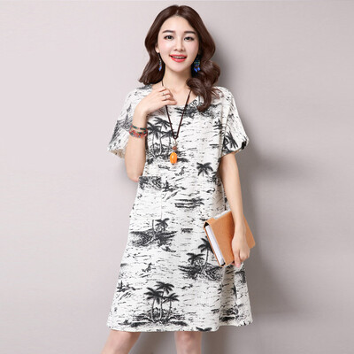 

JIANZHI 2017 summer new cotton&linen printing Chinese national wind pregnant women large size short sleeve shirt dress 6036 black flower
