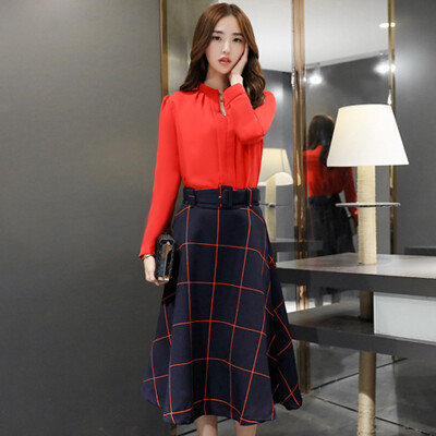 

Siberian woman 2017 round neck long sleeve hit color half skirt set autumn with belt S71R0379A1526XL on the red under the Tibetan